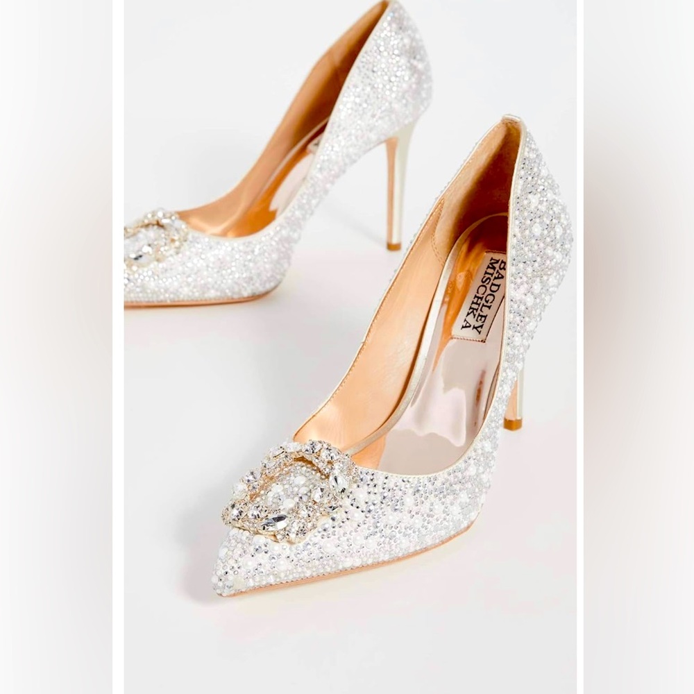 Badgley Mischka Silver Crystal Embellished Pointed-Toe Pumps
